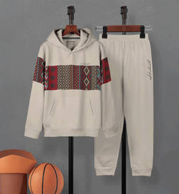 Trendy Printed Cotton Blend Hoodie T-shirt Jogger Trackpant Clothing Set for Boys  - Beige