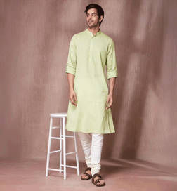 Green Cotton Slim Fit Dobby Long Kurta - XS