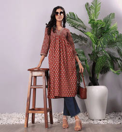 Women Bandez Printed Anarkali Kurta Cotton-VKUR64 - M