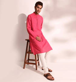 Men Long Kurta (Cotton, Long Sleeve) Pink - XS