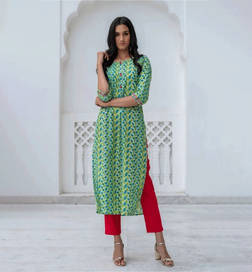 Women Printed Straight Kurti Blue & Green - S