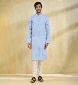 Cotton Slim Fit Dobby Long Kurta, Blue - S