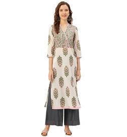 Women Printed Straight Kurti Off-White & Pink - M