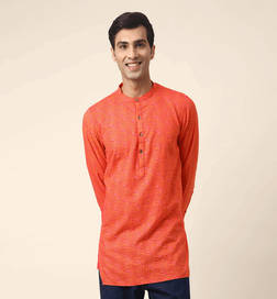 Red Cotton Geometric Printed Slim Fit Short Kurta - XS