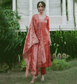 Embroidered Straight Kurta Trousers With Dupatta set Rust - S