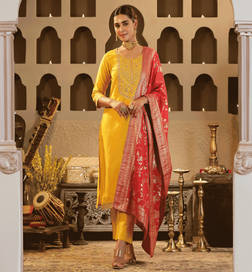 Embroidered Straight Kurta Trousers With Dupatta Set (KH9YL10961) Yellow - M