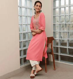 Women Embroidered Polyester Straight Kurta Pink - XS