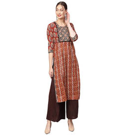 Women Printed Straight Kurti Brown & Beige - L