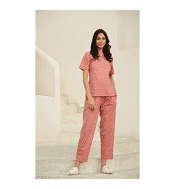 Women Floral Printed Pure Cotton Night Suit Pink - XXL