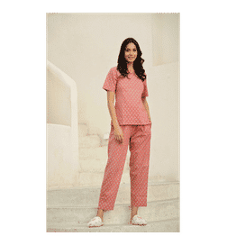 Women Floral Printed Pure Cotton Night Suit Pink - XXL