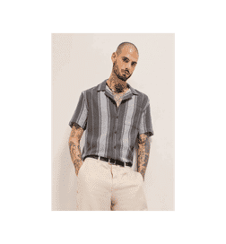 Grey Striped Regular Fit Casual Shirt With Cuban Collar Design - S