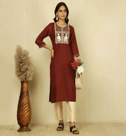 Ethnic Motifs Thread Work Embroidered Yoke Festive Straight Kurti Maroon - M
