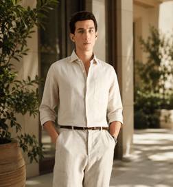 Solid Cotton-Linen Slim Fit Shirt For Men - Full Sleeves (Beige), 39 cm