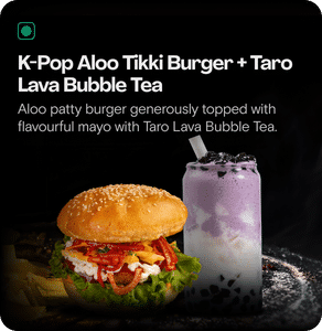 Korean Aloo Tikki Burger + Taro Lava Bubble Tea