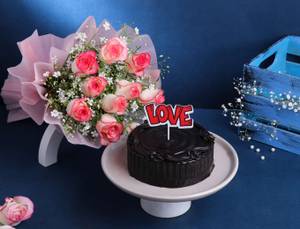 Pink Roses Bouquet With Love Topper Chocolate Cake