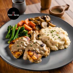 Grilled Chicken In Creamy Mushroom Sauce, Mashed Potato & Saute Veg