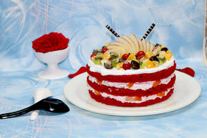 Open Red Velvet Fruit Cake (Eggless)