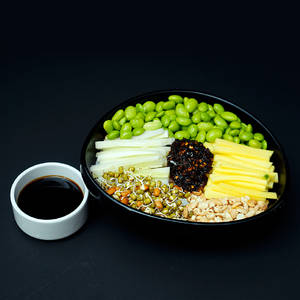 Edamame Beans & Raw Mango Salad, Rice Noodles, Burnt Chilli Soy