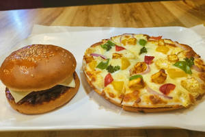 Farm House Pizza with Free Salsa Burger