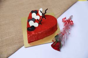 Valentine's Heart Shape Red Valvet Cake With Single Rose