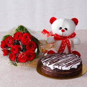 Chocolate Truffle Cake 500gm& 10 Red Rose Bunch &6 Inch Taddy