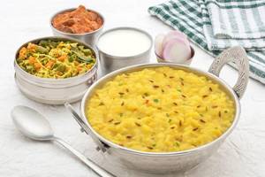 Moong Dal Khichdi + Beans Poriyal + Curd + Pickle + Salad