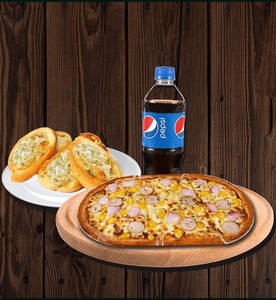 Regular-Chicken Sausage Pizza + Garlic Bread + Pepsi