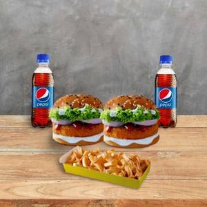 2 Crispy Veg Burger With 1 Cheese Fries And 2 Pepsi [250 Ml]