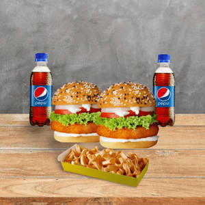 2 Crispy Chicken Burger With 1 Cheese Fries And 2 Pepsi [250 Ml]