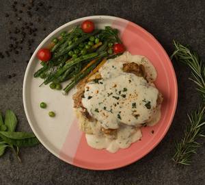 Grilled Chicken In Creamy Italian Basil Sauce With Mashed Potatoes & Sauteed Green Beans