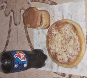 Pizza burger cold beverage