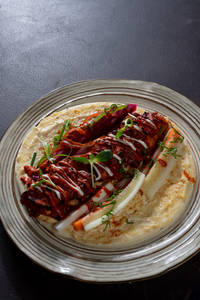 Turkish Adana Kebab With Roasted Garlic Hummus