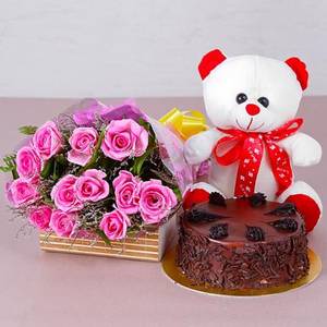 Chocolate Truffle 500gm&10pc Pink Rose Bunch &6 Inch White Taddy