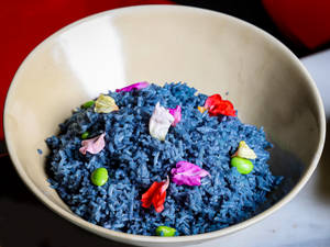 Blue Rice with Edible Flowers