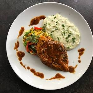 Grilled Fish In Lemon Butter Sauce With Potato Mash & Veggies