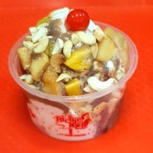 Black Forest Cake Served With Softy, Nuts & Fruits Sundae