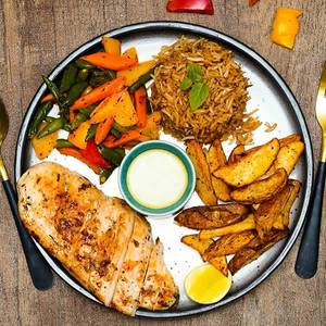Grilled Chicken Breast With Lemon Rice And Potato Wedges (Serves 1-2)