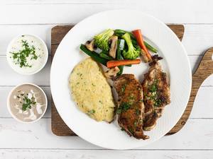 Chicken Steak With Sauteed Veggies And Mashed Potatoes
