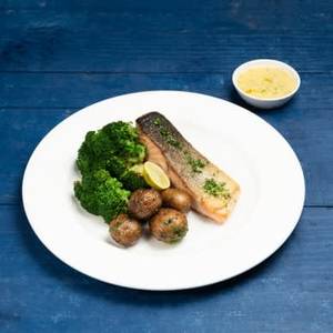 Grilled Atlantic Salmon , Roasted  Baby Potato , Charred Broccoli, Herb Butter