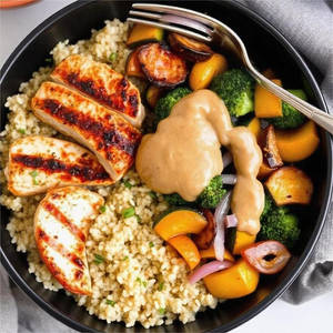 Sriracha Chicken Millet Bowl With Coconutty Sauce