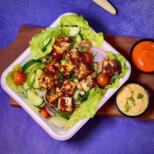 Paneer Shawarma Salad With Hummus & Spicy Garlic Sauce