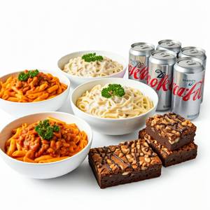 2 Mix Sauce Pasta + 2 Veg Alfredo White Pasta + 4 Pc Nutty Brownie + 4 Coke Can (180Ml)