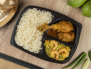 "basmati Rice+chicken BHUNA (2 Pcs)+kochupatta CHINGRI Tray"