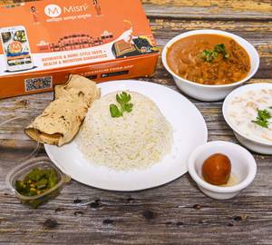 Rajma chawal with raita. papad and dessert