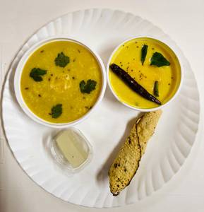 Butter Khichdi, Kadhi, Papad And Dessert