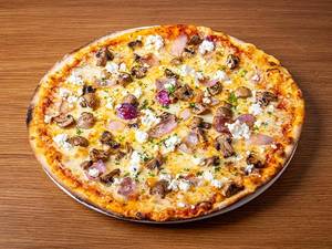 Thin Crust Roasted Mushrooms, Charred Onions & Feta Pizza