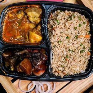Veg Fried Rice With Pork Curry And Pork Dry Fry