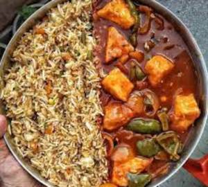 Spicy Schezwan Rice with Tangy Chilli Paneer