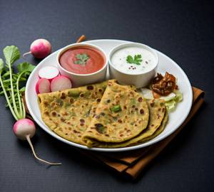 Muli Paratha (Radish) - 02 pcs - Served with Tomato sauce, Pickle, Curd, Chutney & Salad.