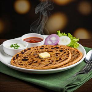 Onion Paratha (02 Pcs) - With Curd, Tomato Sauce, Pickle, Green Chutney & Salad.